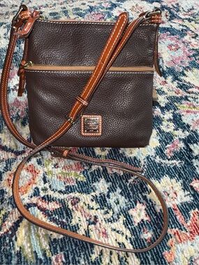 Dooney & Bourke Dark Brown Pebbled Leather Crossbody with Tan Trim